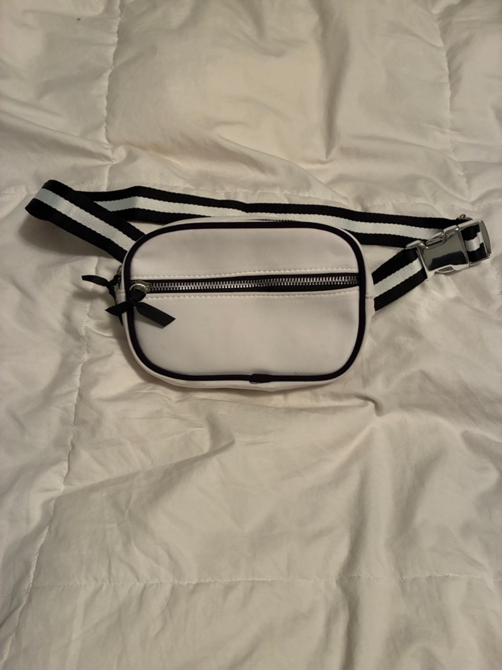 White and Black Stripe Crossbody Belt Bag - Unbranded